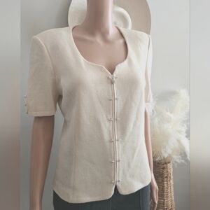 St. John Basics Vintage Knit Short Sleeve Cream Cardigan Top